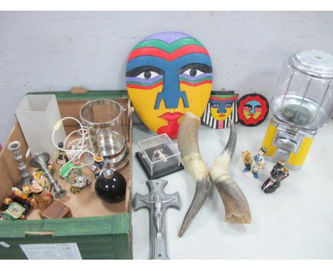 Bubble Gum Machine, painted face masks, metal crucifix, pair of horns, candlesticks, lamp, etc.