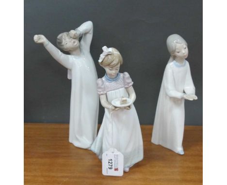 Lladro Figurines in Nightdresses, another girl holding a cake, 20cm high. (3).