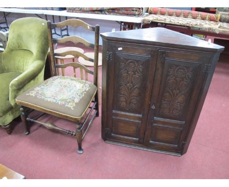 Oak corner wall cupboard with carved upper panel to twin doors, butterfly wing hinges 92cm h, beech ladder back chair with ta
