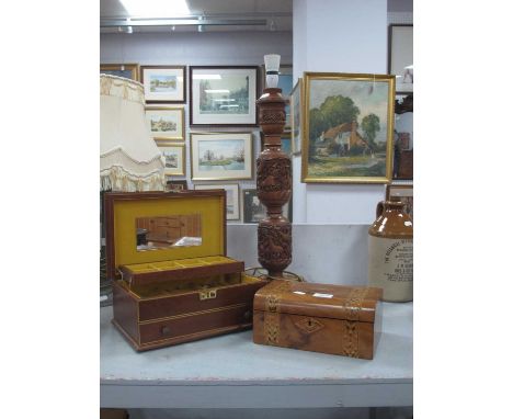 XIX Century Inlaid Walnut Dome Topped Box, 24.5cm wide, jewellery box, carved hardwood table lamp (3).