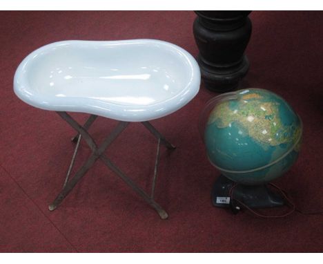 Baby Bath, kidney-shaped white enamel, on folding stand. Vintage globe light (Antarctica damage). (2).