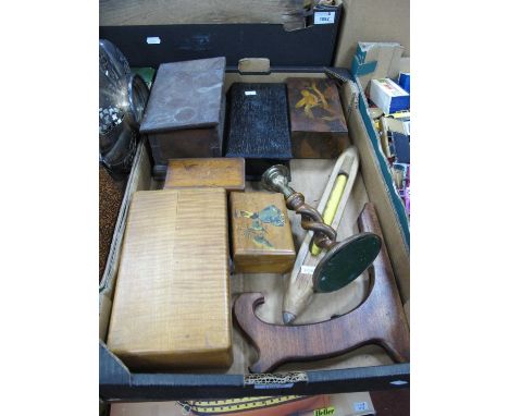Marquetry Inlaid Topped Box, featuring bird 17.5cm, other boxes, loom, candlestick:- One Box.