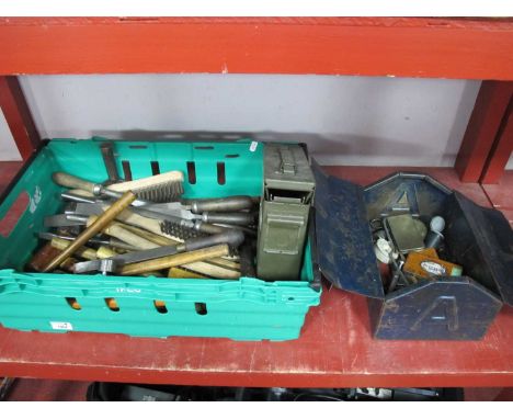 Hammers, wire brushes, rasps, files, pliers, other tools, in box and carry box.