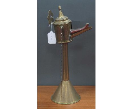 Dutch Brass Oil Lamp, circa XIX Century with detachable can-shaped burner and angular spout, on a conical base, 36cm high.