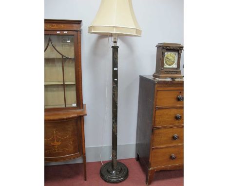 Oriental Hardwood Standard Lamp, circa mid-XX Century heavily carved with figures, junks, and foliage.
