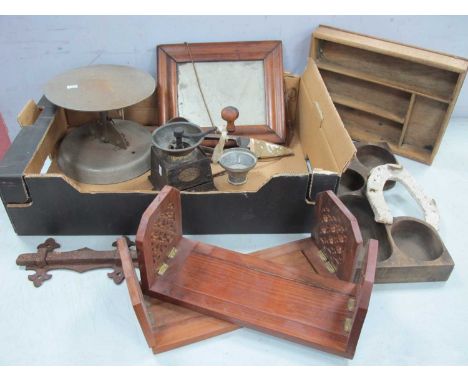 Kenrick Coffee Grinder, book troughs, sheep shears, mirror, wooden change holder, etc:- One Box