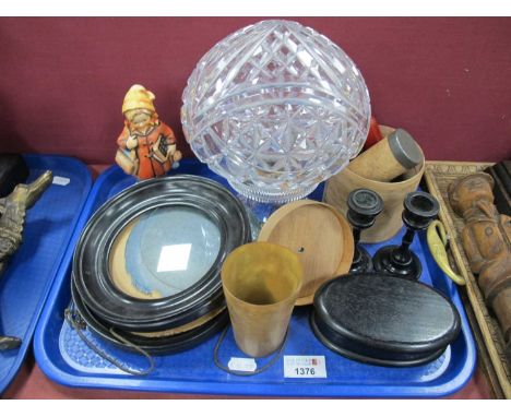 Glass Mushroom Lamp, 22.5cm high, leather workers tools, Friedel schoolgirl, ebony trinket, horn beaker:- One Tray.