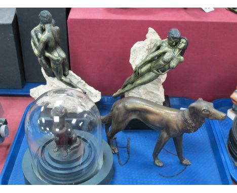 A Bronzed Figure of a Seated Dog, mounted on a circular plinth beneath a glass dome, a bronzed figure of an Afgan-type dog, a