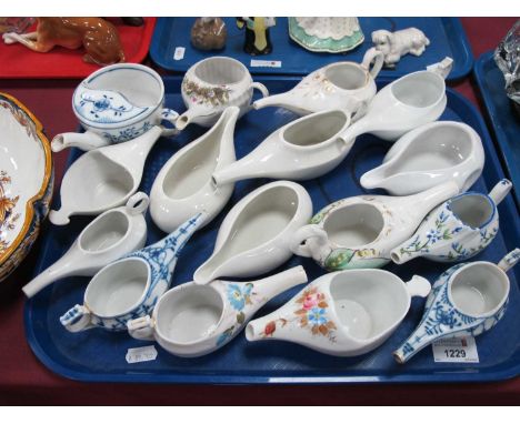 Feeding Cups &amp; PAP Boats in Ceramic, to include Avignon Fowler, Parex, German, (16):- One Tray.