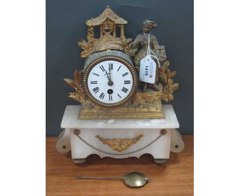 XIX Century French Gilt and Marble Mantel Clock, with Roman numerals to enamel dial, the base with applied ormolu mount on tu