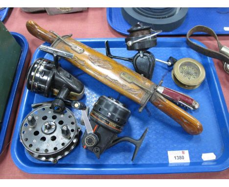 Indian Knife and Fork in Wooden Sheath, fishing reels, compass, pocket knife:- One Tray.