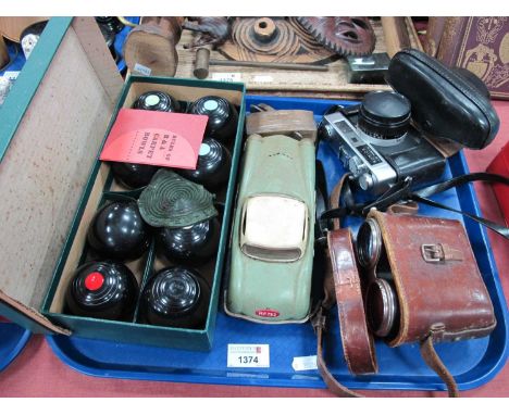 B &amp; A Indoor Carpet Bowls, Konic camera, binoculars, small woodmaker plane, model car:- One Tray.