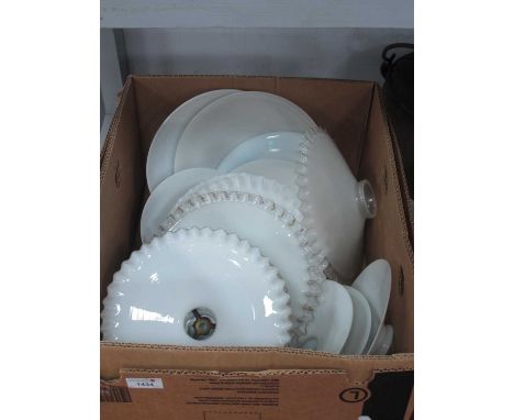 White Milky Glass Light Shades (x 8), eight wavy-rimmed examples, another clear, the widest 25cm diameter (17).Some chips and