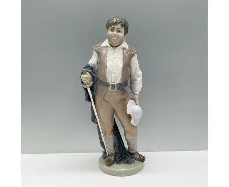 Sancho Panza from Don Quixote, clad in a tan and white outfit, confidently holding his sword. Lladro backstamp. This item has