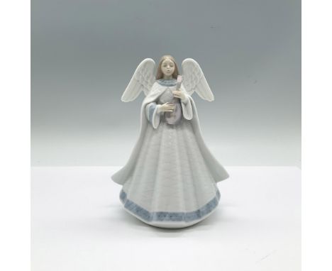 A glossy figure of a heavenly girl with wings, wearing a long white dress and holding a mandolin. Lladro backstamp. This item