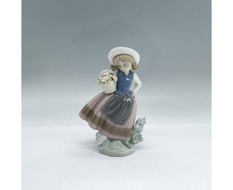 A glossy figure of a girl enjoying the spring time, wearing old farm attire and holding a basket full of colorful flowers. Ll