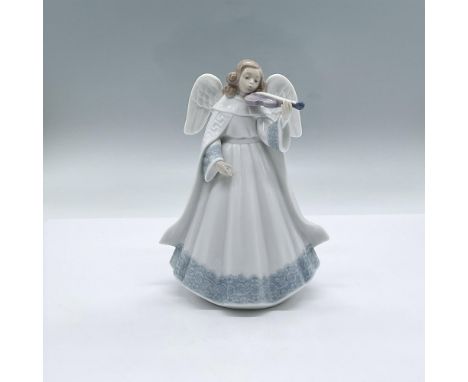 A glossy figure depicting a heavenly girl with wings, wearing a long white dress with a blue floral pattern, playing a violin
