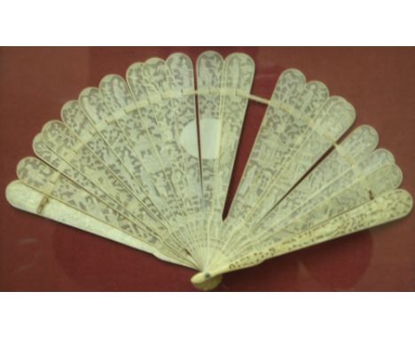 Very finely carved 19th century Chinese Cantonese ivory sectional hand fan, set in a deep gilt frame and glazed CONDITION REP