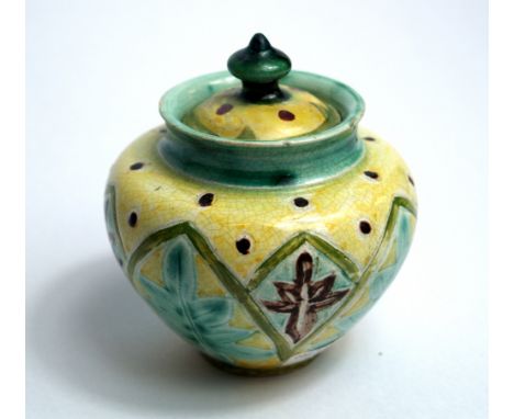 Annie Jones for Della Robbia, Birkenhead, a low-relief decorated miniature pot and cover. Incised mark to the base, painted a