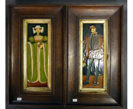 Charlotte Rhead, a pair of extremely rare ceramic tube-lined decorated plaques, circa 1905. Shakespearian figural subjects, e