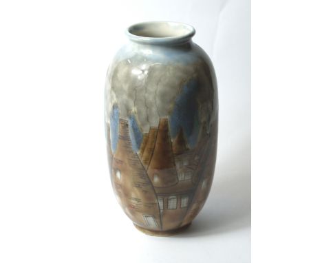 Cobridge glazed ceramic and hand painted vase, with impressed and painted marks to the base. Height approximately 217mm, boxe