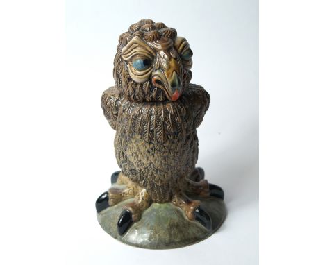Andrew Hull for Cobridge Martin Brothers-style glazed ceramic and hand painted owl-form bottle, with impressed and painted ma