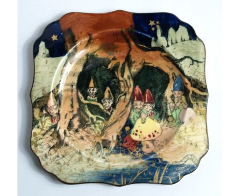 Charles Noke for Royal Doulton, a square side plate, gilt detail and hand-painted. Fairytale series of Gnomes & Munchkins, st