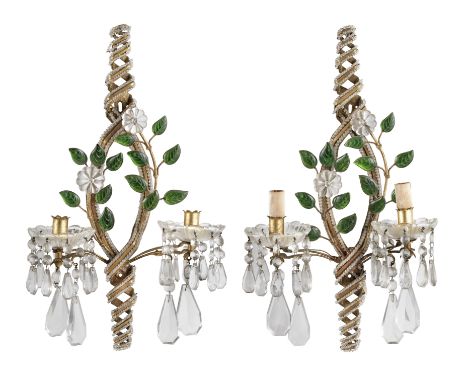 A pair of early 20th century French gilt metal and clear and green glass twin light wall appliquesin the manner of Maison Bag