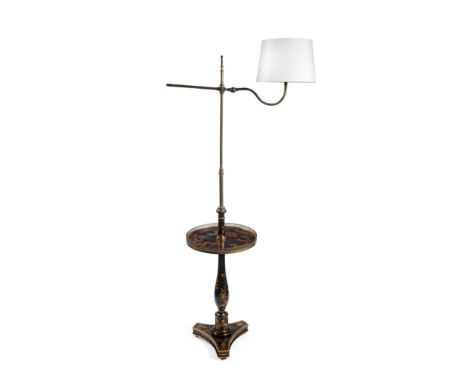 A decorative Vaughan 'Brampton' style black and gilt chinoiserie decorated combined occasional table and standard reading lam
