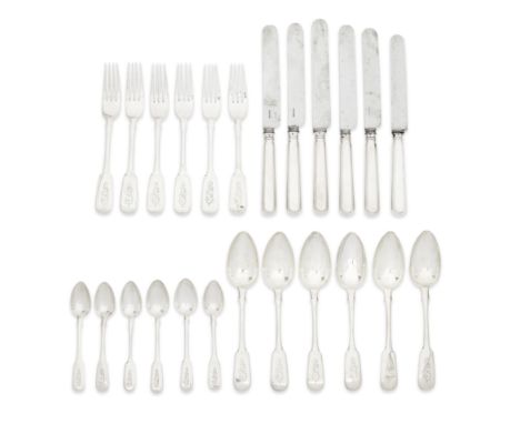 A Russian silver twenty-four piece flatware serviceincluding six forks by Faberge, Placings for six, Fiddle shaped, engraved 