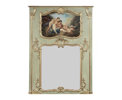A French early 20th century painted and parcel gilt trumeau mirror/wall panelin the Louis XV styleCarved with C-scrolls, roca