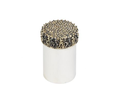 STUART DEVLIN: a silver and silver-gilt lidded cigarette canisterLondon 1973 Cylindrical form, the pull-off cover applied wit