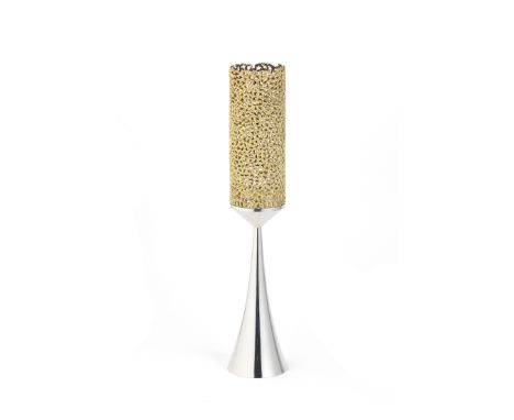 STUART DEVLIN: a silver candlestick with silver-gilt filigree shadeLondon 1972With detachable slightly tapering cylindrical s