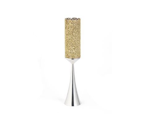 STUART DEVLIN: a silver candlestick with silver-gilt filigree shadeLondon 1972With detachable slightly tapering cylindrical s