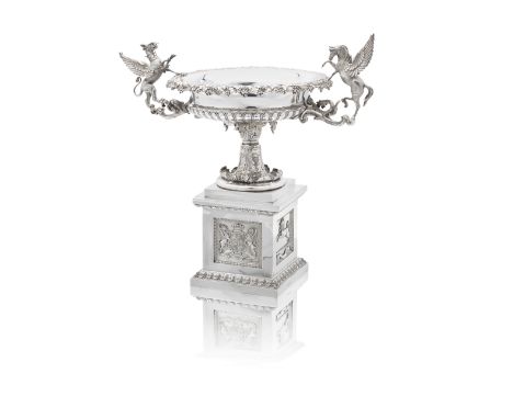 A Victorian silver presentation centrepiece and standPaul Storr, London 1838Campana form, with a border of fruiting vine orna