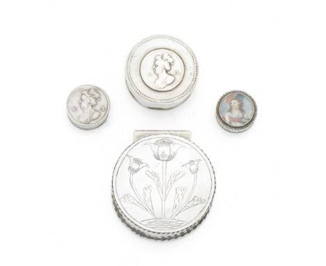 A collection of four English silver boxesvarious maker's and datesComprising: an early 18th century counter / patch box, make