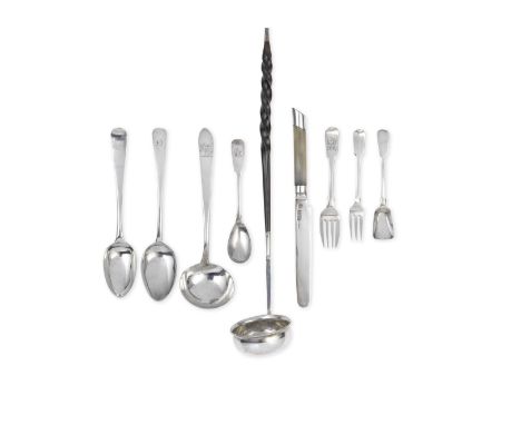 A small collection of Irish silver flatwarevarying maker's and datesA pointed end sauce ladle, maker's mark W.G, circa 1773, 