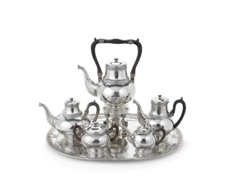 A German six-piece silver tea and coffee service including a kettle on stand and  two-handled trayGeorg Roth &amp; Co. (Hanau