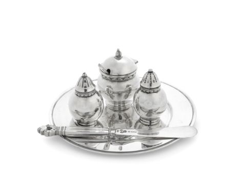 GEORG JENSEN: a Danish silver condiment setCopenhagen, import marks for Stockwell &amp; Co,  London 1929, pattern number 581C