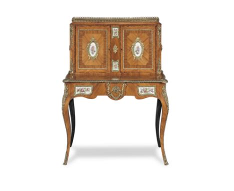 A mid or third quarter 19th century ormolu and porcelain mounted walnut, tulipwood and kingwood bonheur du jourprobably Engli