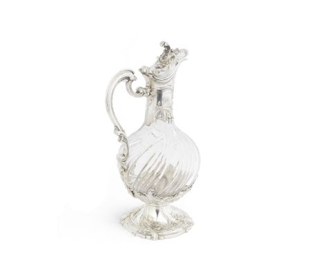 A 19th century French silver-mounted glass claret jugEdmond Tetard, first standard Minerva head markElongated mounted neck wi