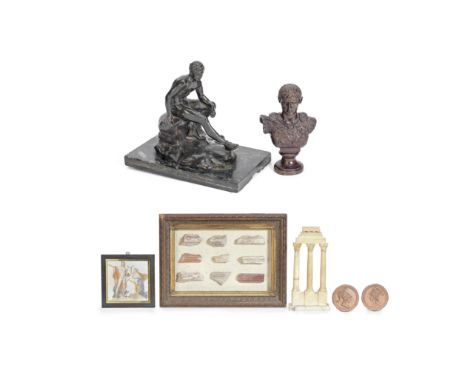 A collection of 'Grand Tour' type items including a late 19th century patinated bronze figure of Mercury, a miniature bronze 