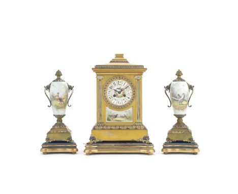 A late 19th century French gilt brass and porcelain clock garniturethe dial signed R. Stewart, Paris, the movement stamped A*