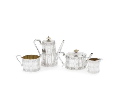 A silver four-piece tea and coffee service, together with  a plated kettleWilliam &amp; George Sissons, London 1873 / 1875 Sh