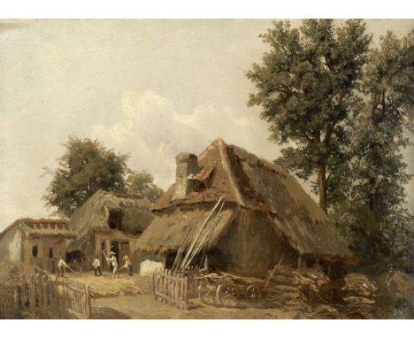 Eastern European School (19th Century)Figures threshing in a farmyard indistinctly signed 'R---uhlen' (lower left)oil on boar