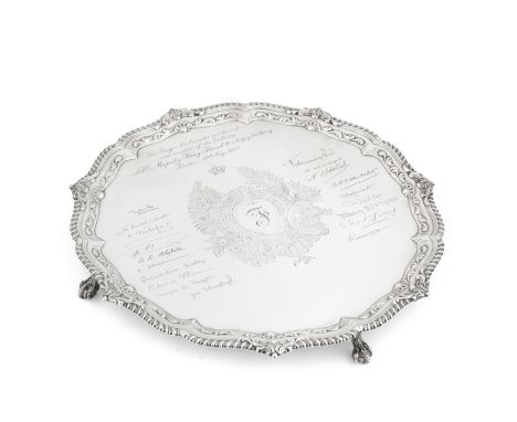 Of Iraqi interest: a large silver salver presented to King Faisal IIMartin Hall &amp; Co, Sheffield 1923 Shaped-circular form