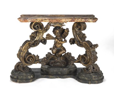 An Italian late 17th/early 18th century giltwood console tableof Venetian origin, the simulated marble decorated top of a lat