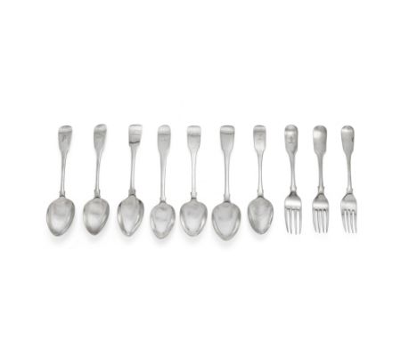 A collection of Irish silver Fiddle pattern flatwarevarious maker's and datesComprising:five dessert spoons, Patrick Moore, D