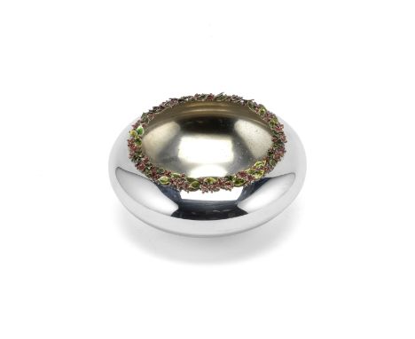 STUART DEVLIN: a silver and enamelled bowlLondon 1981Plain polished bellied form, the rim with applied enamelled flowers in r