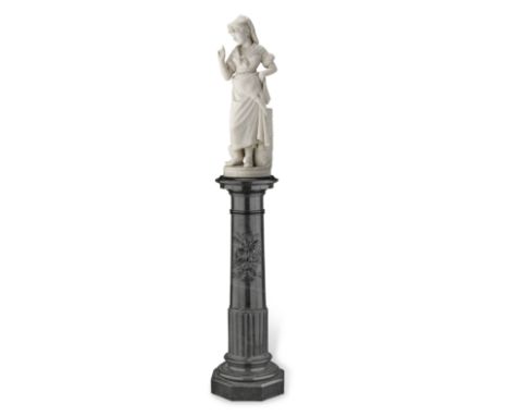 'Professor' Cesare Lapini (Italian, 1848-1893): A carved white marble figure of 'Non Ci Credo' raised on a contemporary verde